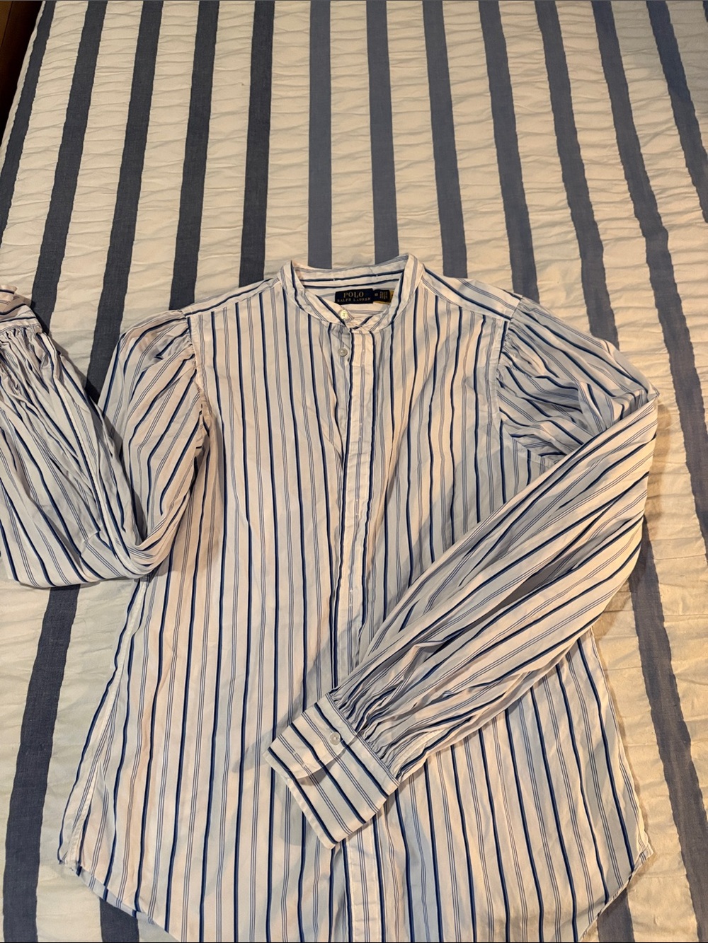 Polo by Ralph Lauren White and Blue Vertical Stripe Band-Collar Shirt